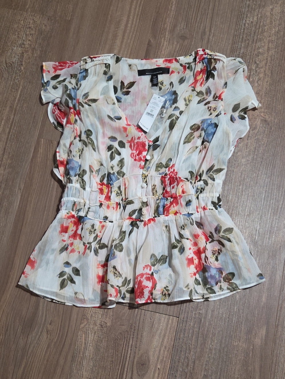 White House Black Market White Floral Ruffle Peplum Blouse